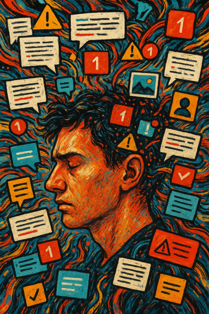 representação da mente humana cercada por um fluxo gigante de informações